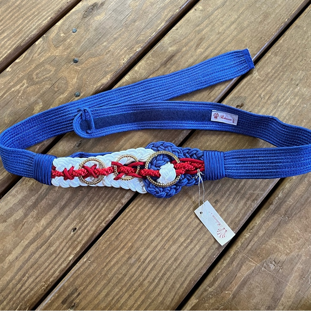 Vintage 80s Rope Belt Braided Gold Tone Metal Rings Blue Red White NEW Patriotic